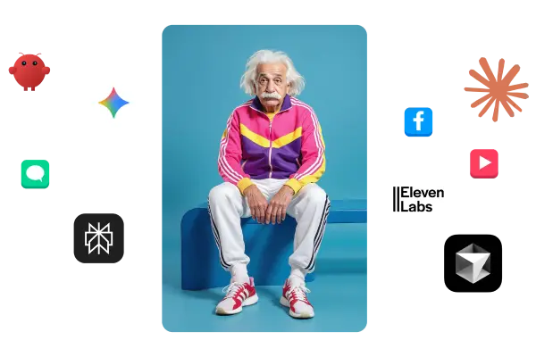 Ilustración de Albert Einstein con ropa deportiva moderna rodeado de iconos de herramientas de IA y redes sociales para el servicio de automatización con IA de Growthia Agency.